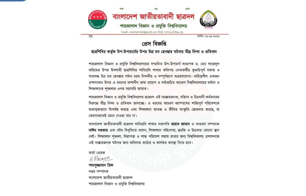 শাবি প্রো-ভিসিকে নিয়ে শিবিরের মব, ছাত্রদলের নিন্দা